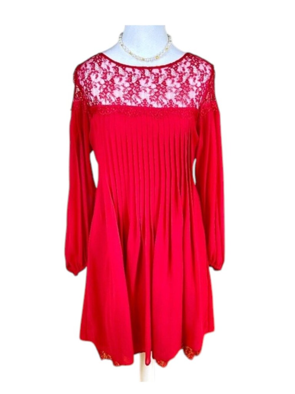 The Kooples Dress Red Pleated with Lace Elegant (S)